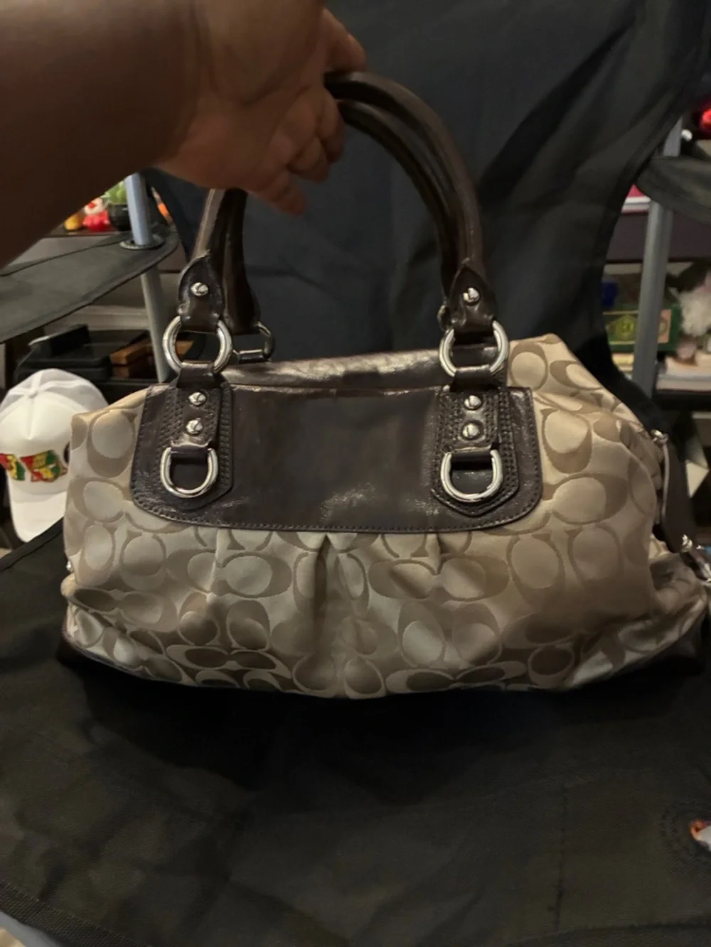 Coach Signature Satchel Brown Tan Canvas Leather Trim Handbag with hang tag - Picture 5 of 9